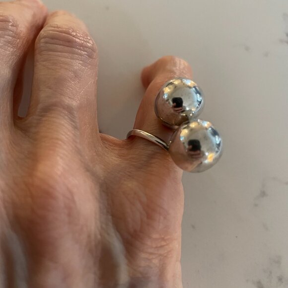 Vintage Sterling Silver 925 Stamped Boho Modernist Double Ball Adj Ring Sz OS - Picture 2 of 12